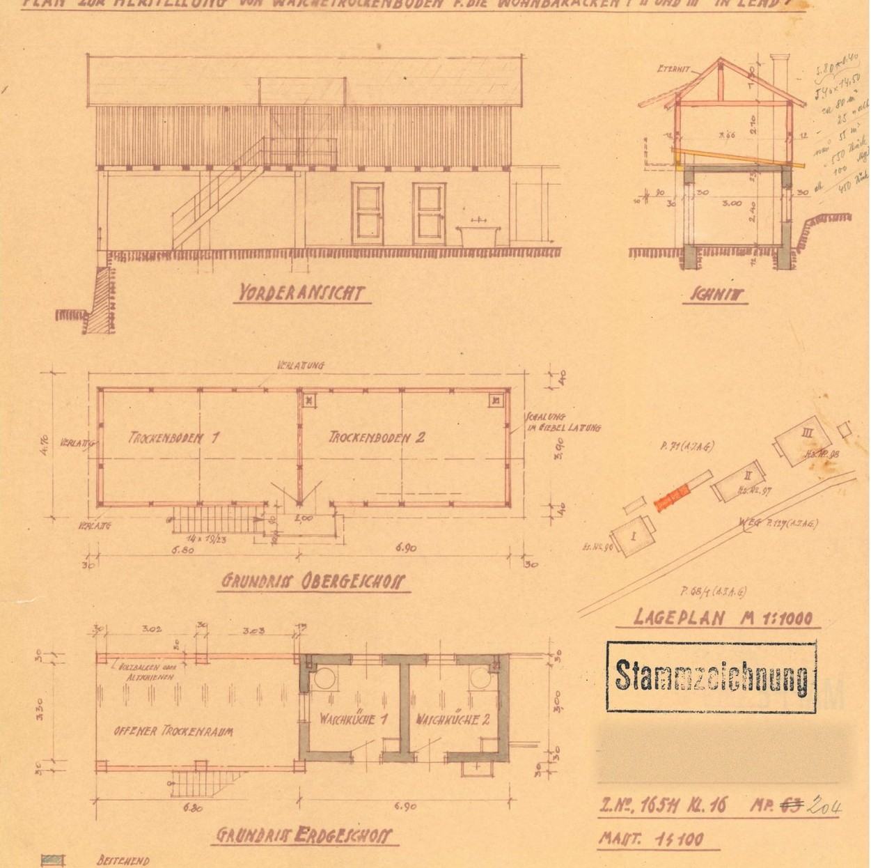 Historischer Bauplan des Trockenbodens von 1938 mit Vorderansicht, Schnitt, Grundriss Ober- und Erdgeschoss sowie Lageplan der Wohnbaracken in Lend